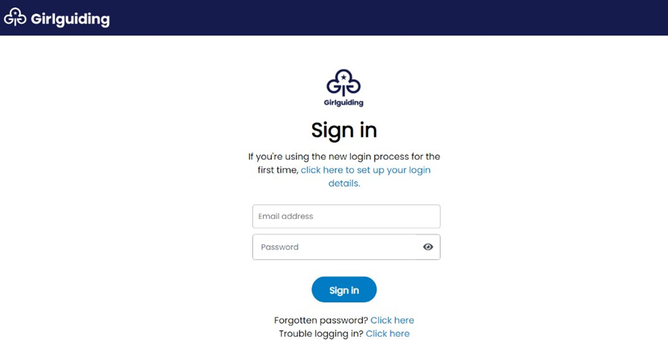 Sign in screen for GO and learning platform in Girlguiding branding