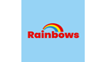 Rainbows written in red font on light blue background