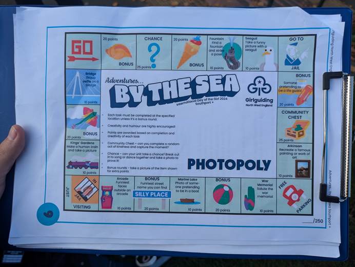 The Adventures by the Sea photopoly board, a monopoly board of sights in Southport for girls to find and tick off