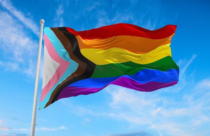 The Pride progress flag, flying against a blue sky. It is striped in red, orange, yellow, green, blue and purple. At the side of the flag is a sideways triangle in stripes of white, pink, light blue, brown and black.