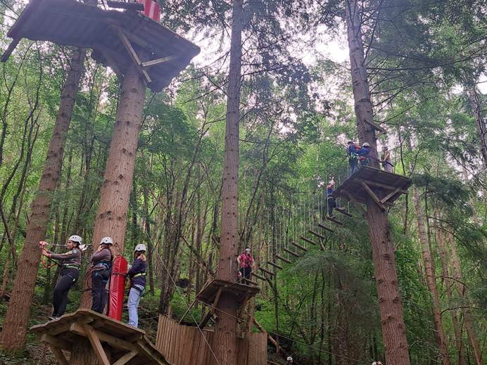 Girls wearing jumpers and jeans and helmets, getting ready to go on a zip wire from platforms in treetops.