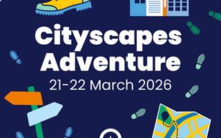 A graphic with walking icons, the title Cityscape Adventures and the dates 21-22 March 2026