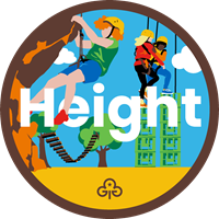 Brownie height adventure badge with graphics of girls doing crate stacking and climbing