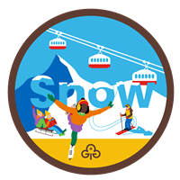 Brownie snow adventure badge with graphics of girls ice skating, sledging and skiing