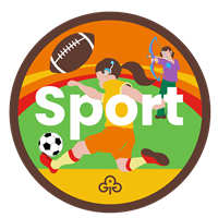 Brownie sport adventure badge with graphics of girls playing football and doing soft archery