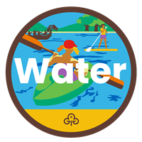 Brownie water adventure badge with graphics of girls dragon boating, stand up paddle boarding and kayaking