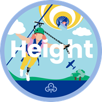 Guide height adventure badge with graphics of girls zip lining and hot air ballooning