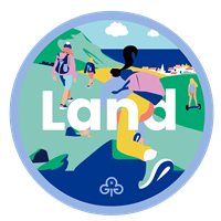 Guide land adventure badge with graphics of girls scrambling and on a segway