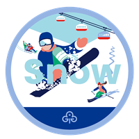 Guide snow adventure badge with graphics of girls snowboarding, skiing and sledging