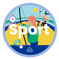 Guide sport adventure badge with graphics of girls doing archery and playing wheelchair tennis