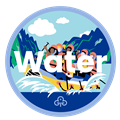 Guide water adventure badge with graphics of girls white water rafting