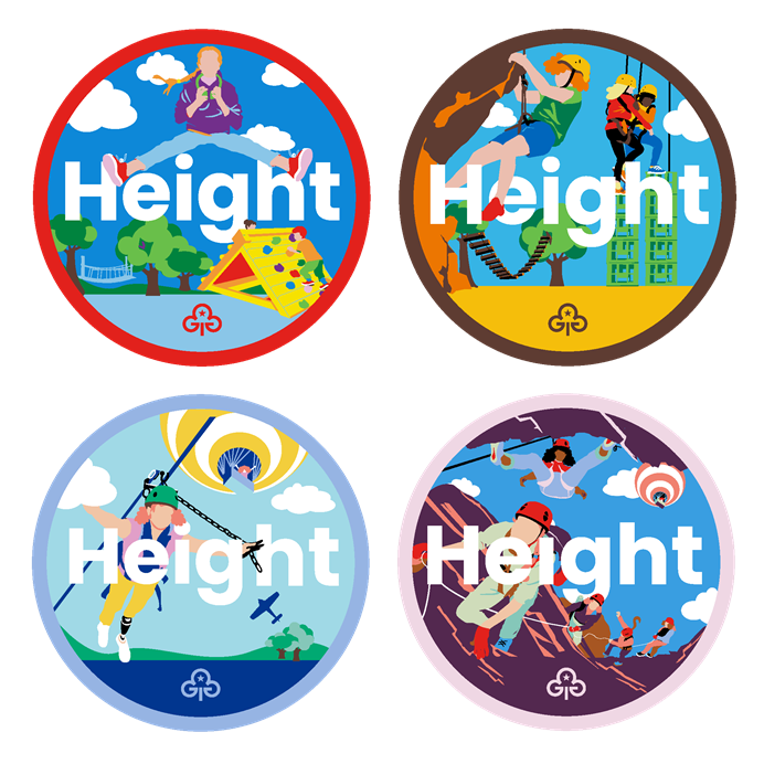 Four badges with illustrations of girls doing height-based activities