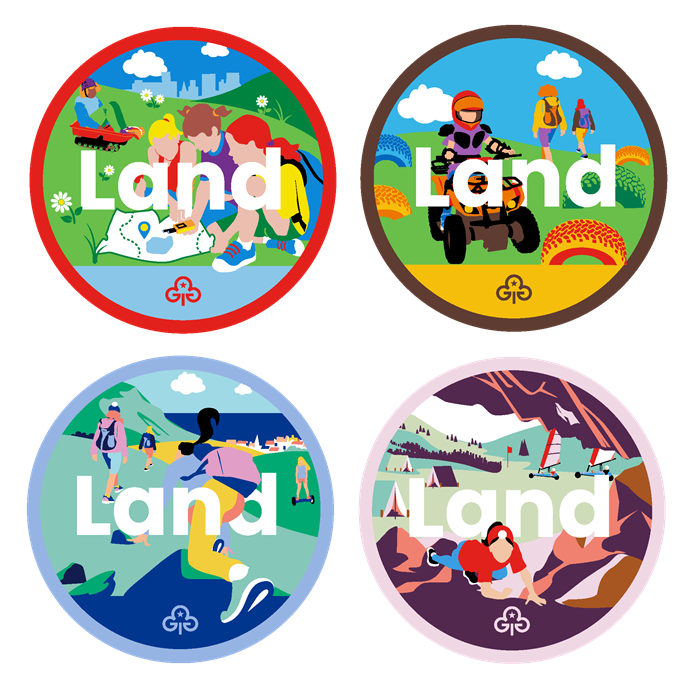 Four badges with illustrations of girls doing land-based activities