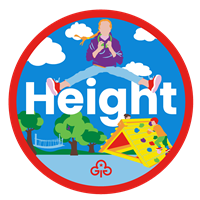Rainbows height adventure badge with graphics of girls trampolining and on an adventure playground