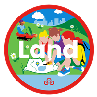 Rainbow land adventure badge with graphics of girls geocaching and grass sledging