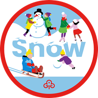 Rainbow snow adventure badge with graphics of making a snowperson, ice skating and sledging