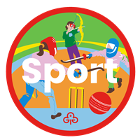 Rainbow sport adventure badge with graphics of girls fencing and doing soft archery