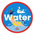 Rainbow water adventure badge with graphics of girls swimming and snorkelling