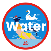 Rainbow water adventure badge with graphics of girls swimming and snorkelling