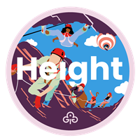 Ranger height adventure badge with graphics of girls climbing and hot air ballooning