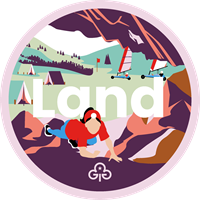 Ranger height adventure badge with graphics of girls caving and land sailing