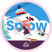 Ranger snow adventure badge with graphics of girls snow boarding, skiing and sledging