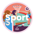 Ranger sport adventure badge with graphics of girls playing basketball and axe throwing