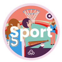 Ranger sport adventure badge with graphics of girls playing basketball and axe throwing