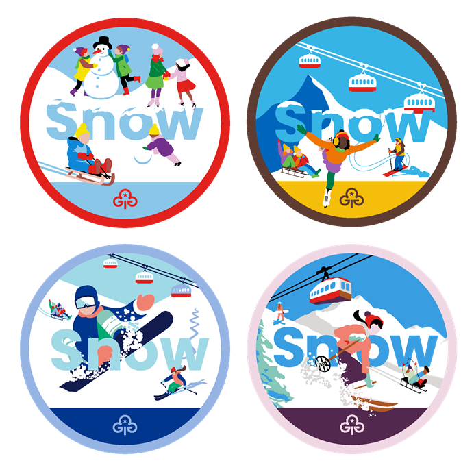 Four badges with illustrations of girls doing snow-based activities