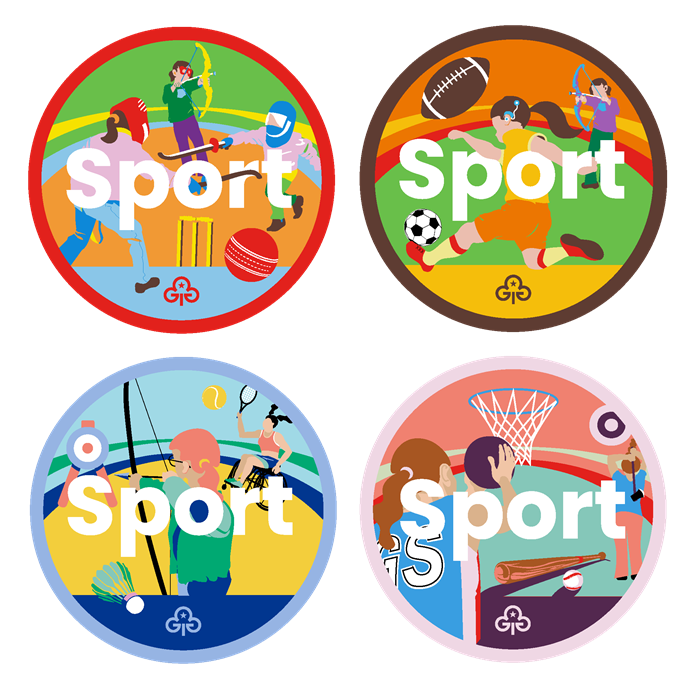 Four badges with illustrations of girls doing sport-based activities