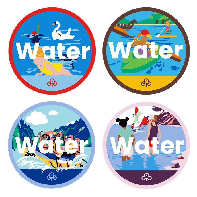 Four badges with illustrations of girls doing water-based activities