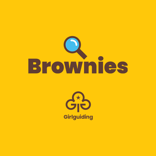 The word Brownies, written in a dark brown, on a golden yellow background. Above the word Brownies is a brown, cartoon magnifying glass