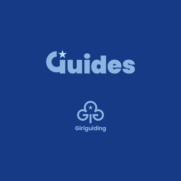 The word Guides, written in a mid blue, on a dark blue background. Inside the G is a guiding star, the same as the one in the trefoil, but a mid blue