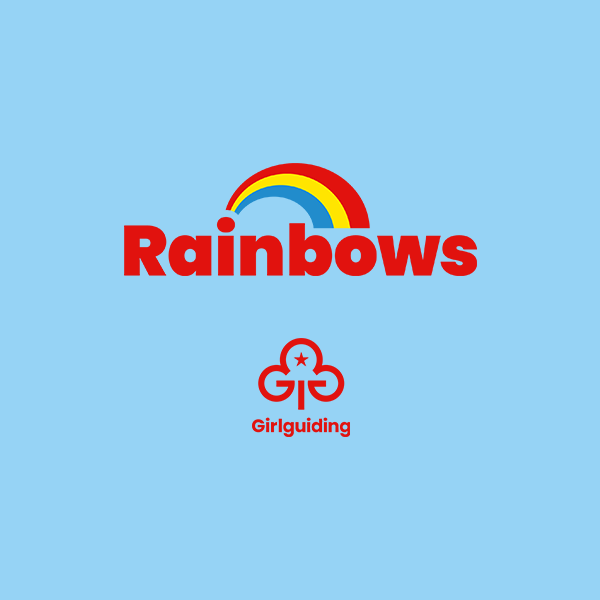 The word Rainbows, written in red, on a light blue background. From the i to the o in Rainbows, there is a cartoon Rainbow. It's red at the top, mid blue at the bottom and yellow in the middle