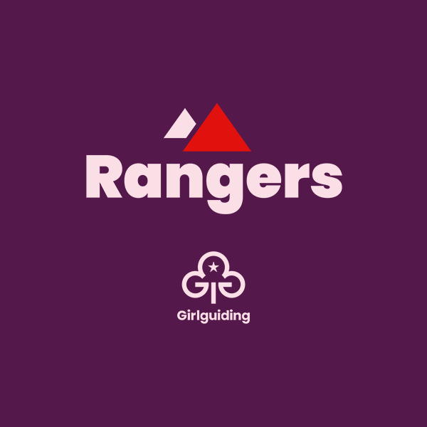 The word Rangers, in light pink, on a dark purple background. Above the word Rangers are two triangles. A smaller one on the left is red, and a bigger one, on the right, is light pink