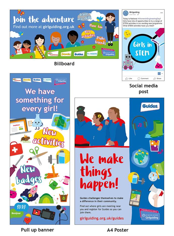 Examples of how to use clip art. There's a billboard, social media post, pull up banner and A4 poster