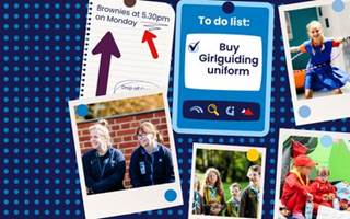 A collage design shows lots of polaroid pictures of girls having fun at unit meetings on a navy blue background. There's a post-it note that reads 'Buy Girlguiding now!' and a shopping list.