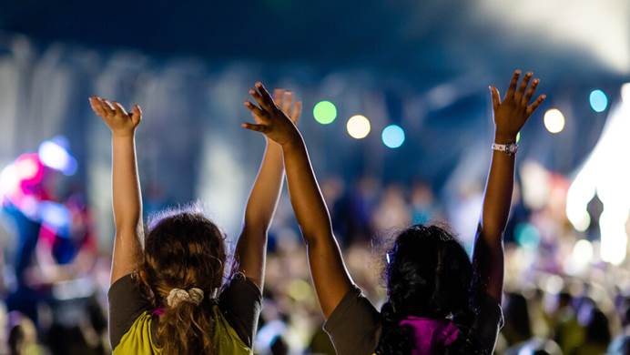 Brownies with their hands in the air are facing a stage at nighttime