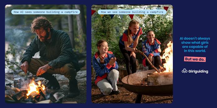 On the left, an AI generated image shows a man building a campfire. Above the image it says 'how AI sees someone building a campfire'. On the left a photo shows three Guides in uniform building a campfire. Above the image it says 'how we see someone building a campfire'. Text to the right of the image says  AI doesn't always show what girls are capable of in this world, but we do. Girlguiding