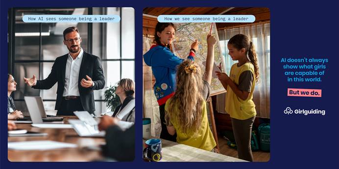 On the left, an AI generated image shows a man leading a meeting in an office. Above the image it says 'how AI sees someone being a leader'.On the left a photo shows a Guide in uniform leading a discussion, pointing at a map.  above the image it says 'how we see someone being a leader'.Text to the right of the image says  AI doesn't always show what girls are capable of in this world, but we do. Girlguiding